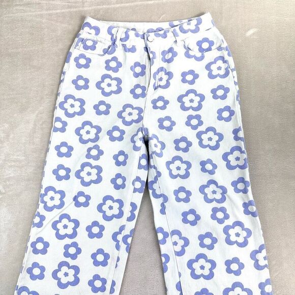 SHEIN Jeans Women’s L (10) White Purple High Rise Loose Baggy Floral Pants Retro - Picture 2 of 11